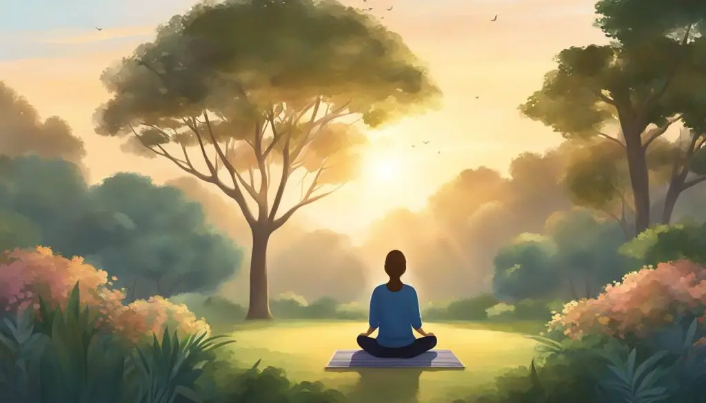 A serene sunrise over a tranquil garden, with a person sitting cross-legged, eyes closed, breathing deeply. A gentle breeze rustles the leaves as the morning light filters through the trees, creating a peaceful atmosphere for meditation