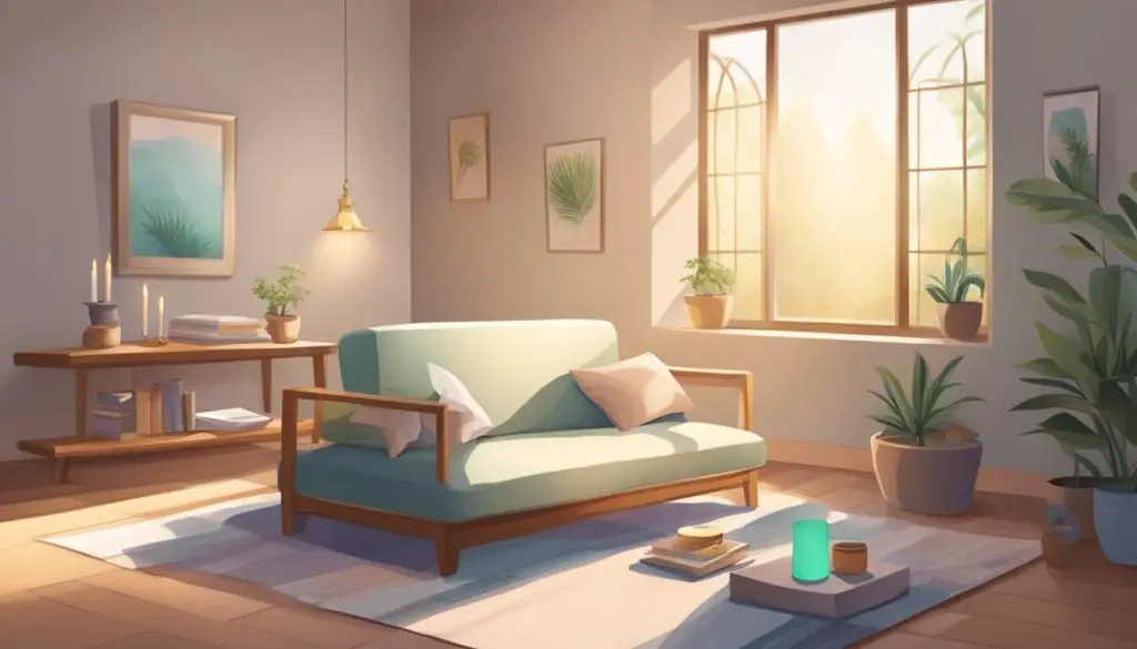 A serene room with soft natural light, a comfortable cushion on the floor, and a small table with a candle and incense