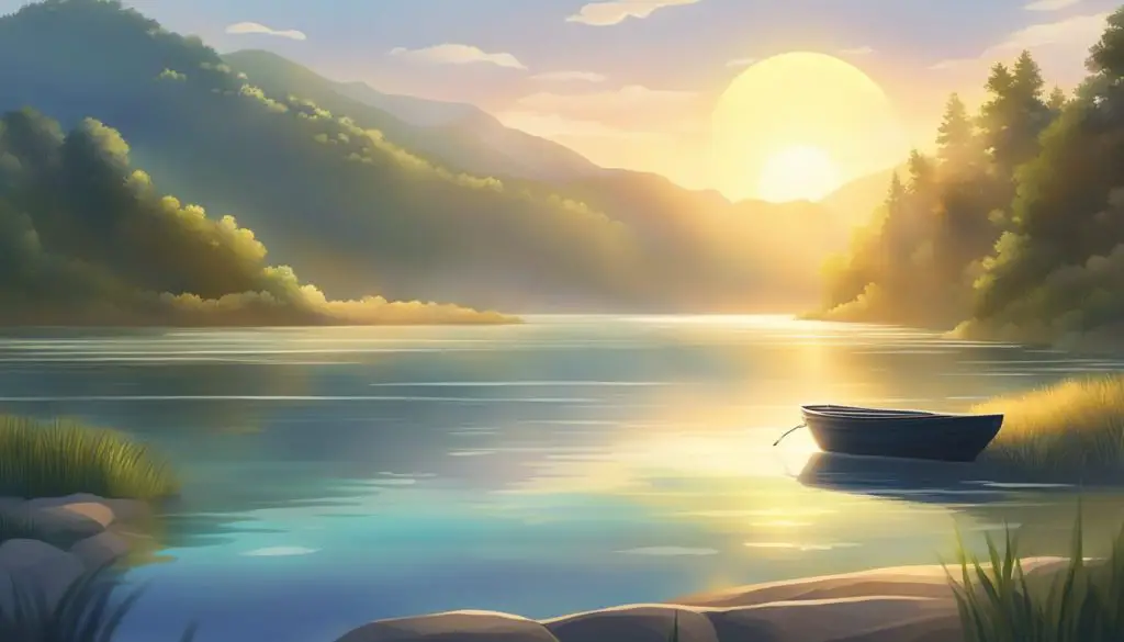 A serene sunrise over a calm body of water, with rays of light gently illuminating a secluded spot surrounded by nature