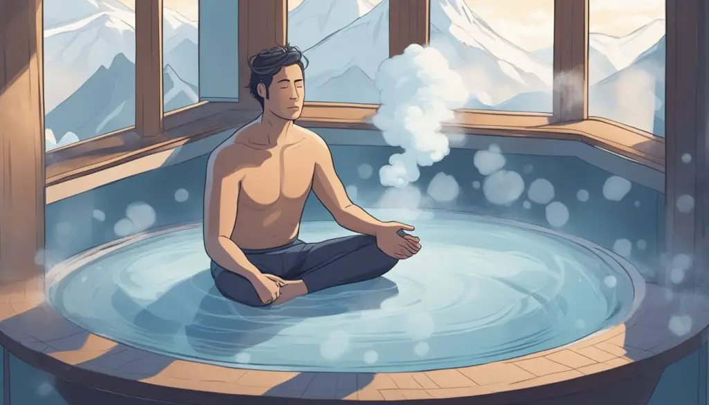 A person sits in an ice bath, surrounded by steam rising from the cold water. The serene expression on their face suggests they are meditating