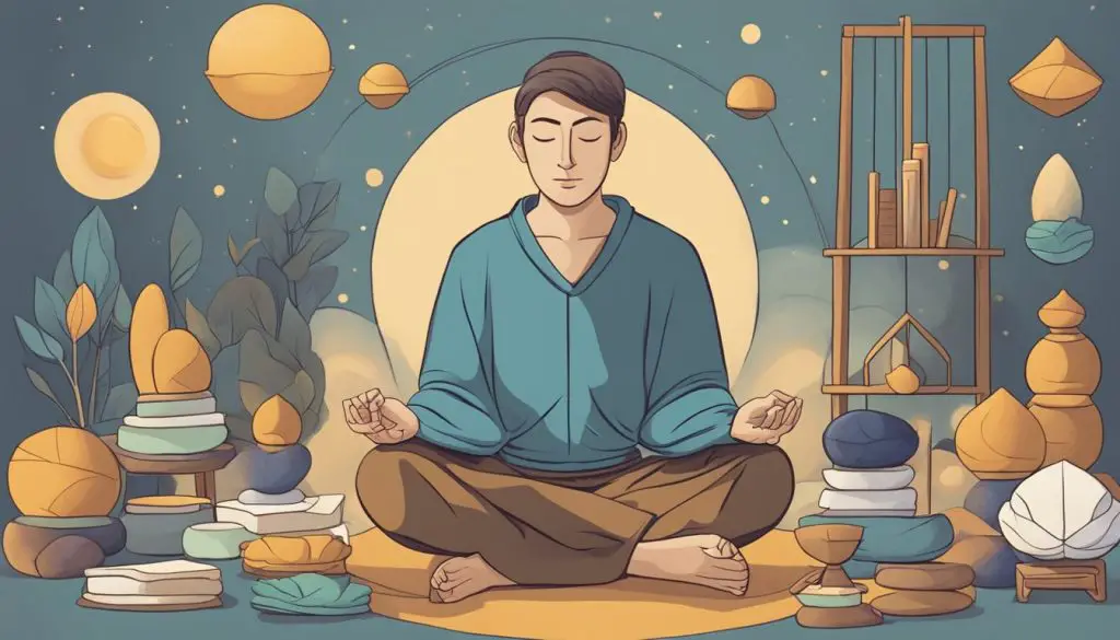 A person sits cross-legged, surrounded by various meditation props and tools. They are peacefully meditating, with a serene expression on their face