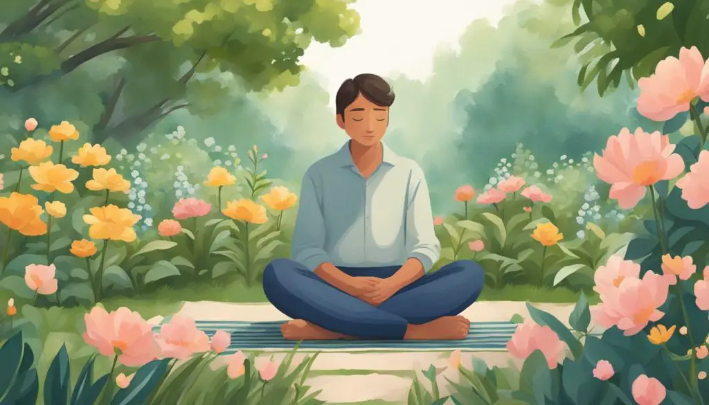 A person sits cross-legged in a peaceful garden, surrounded by blooming flowers and lush greenery. Their eyes are closed, and a sense of calm and tranquility fills the air