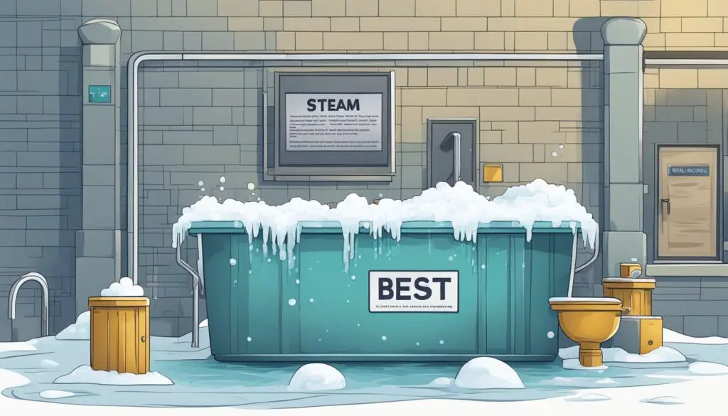 An ice bath sits next to a sign listing safety precautions and best practices. Steam rises from the frigid water, creating a sense of mental and physical rejuvenation