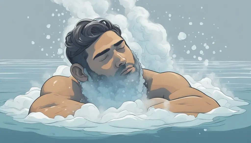 A person submerges into a cold ice bath, surrounded by steam rising from the water. The person's body is tense, but their face shows a sense of relief and relaxation