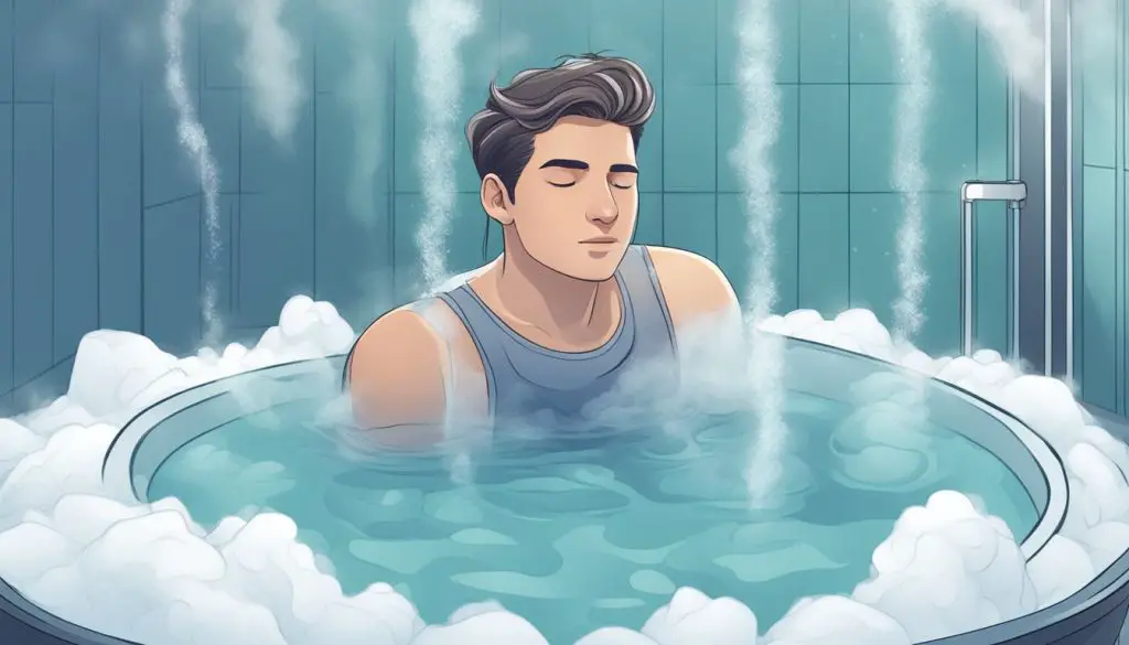 A person sits in an ice bath, surrounded by steam, with a serene expression on their face, suggesting mental relaxation and rejuvenation