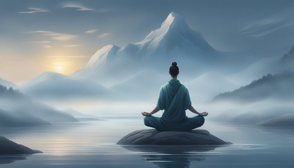 A serene figure meditates in frigid waters, surrounded by mist and stillness