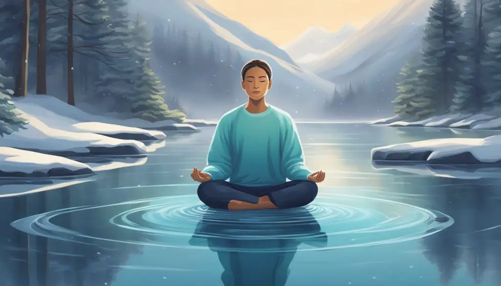 A serene figure meditates in icy water, surrounded by a tranquil natural setting, embodying the physical and mental health benefits of cold water meditation
