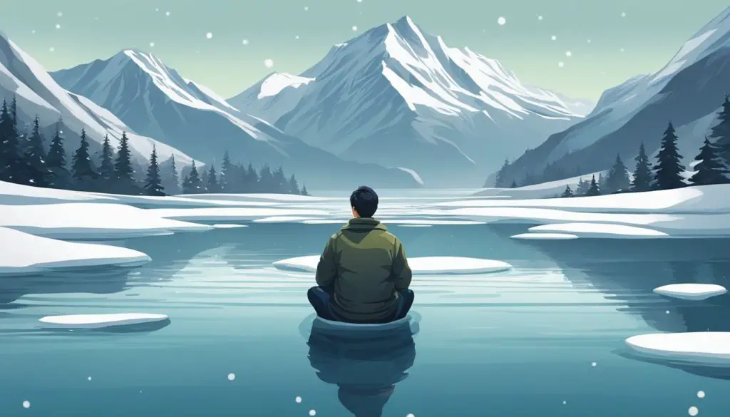 A figure sits in a serene, icy pool, surrounded by snow-capped mountains, with a calm expression on their face