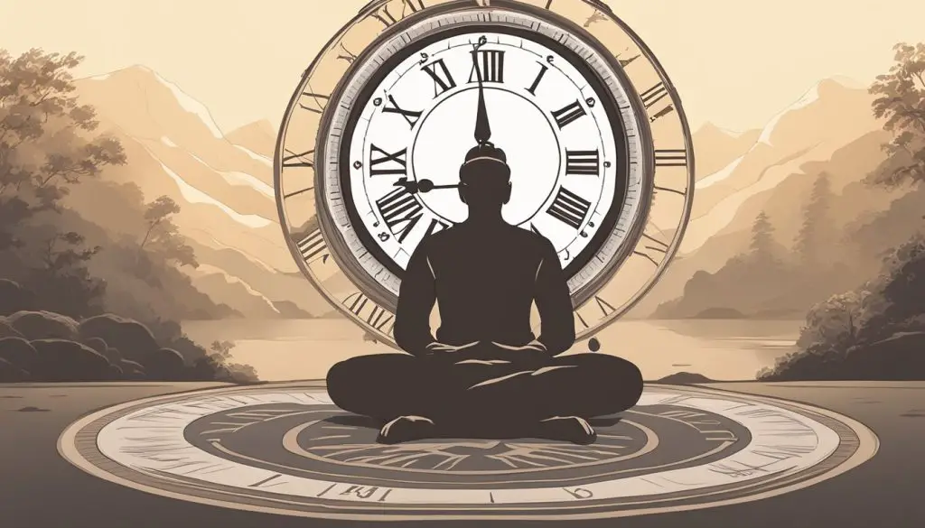A clock with hands pointing to 7 and 5, a serene setting with soft light and a cushioned mat for meditation