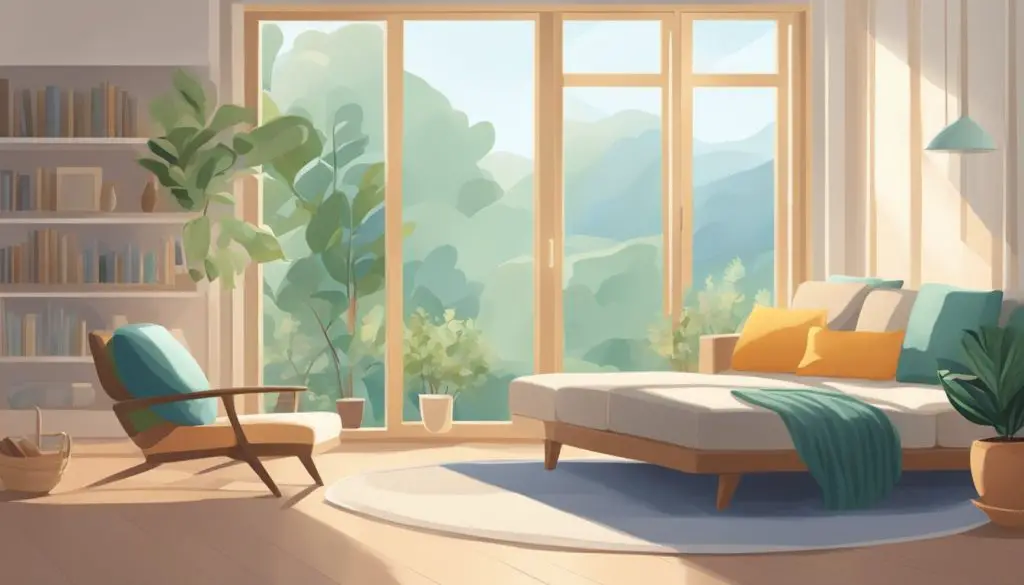 A serene room with soft morning light, a comfortable cushion for sitting, and a peaceful atmosphere