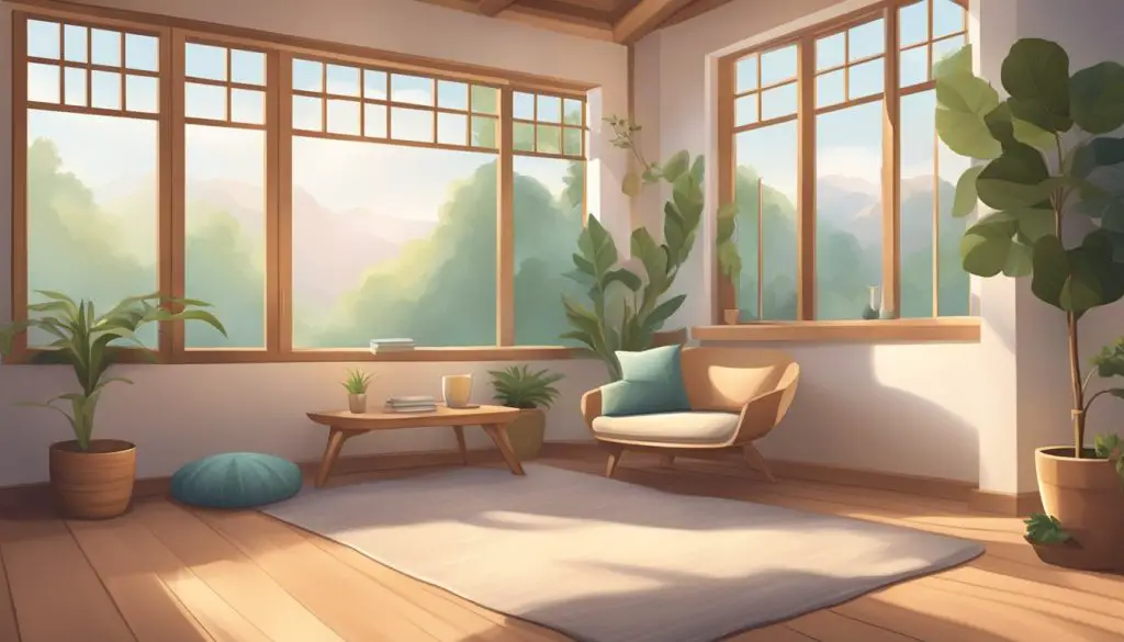 A serene room with a cozy meditation corner, soft natural light, a comfortable cushion, and a peaceful atmosphere