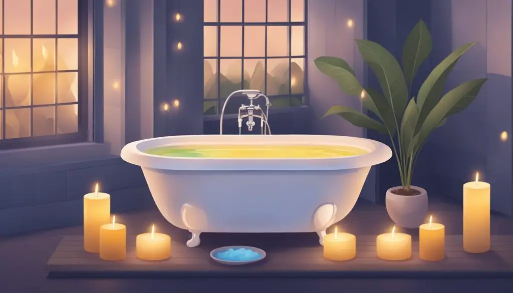 A serene bathtub filled with warm water and surrounded by flickering candles. A plush towel and a soothing essential oil diffuser nearby