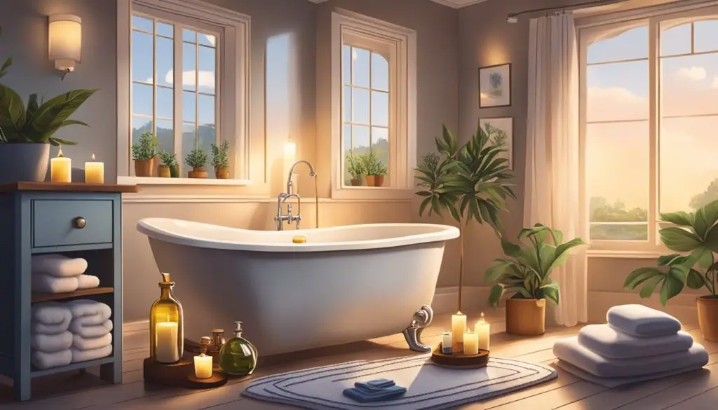 A serene bathroom with candles, soft lighting, and a tray of essential oils. A plush towel and a bath pillow are placed by the tub