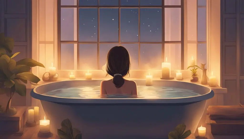 A person sits cross-legged in a bathtub, eyes closed, surrounded by warm water and soft candlelight. The atmosphere is serene and peaceful, with steam rising from the water
