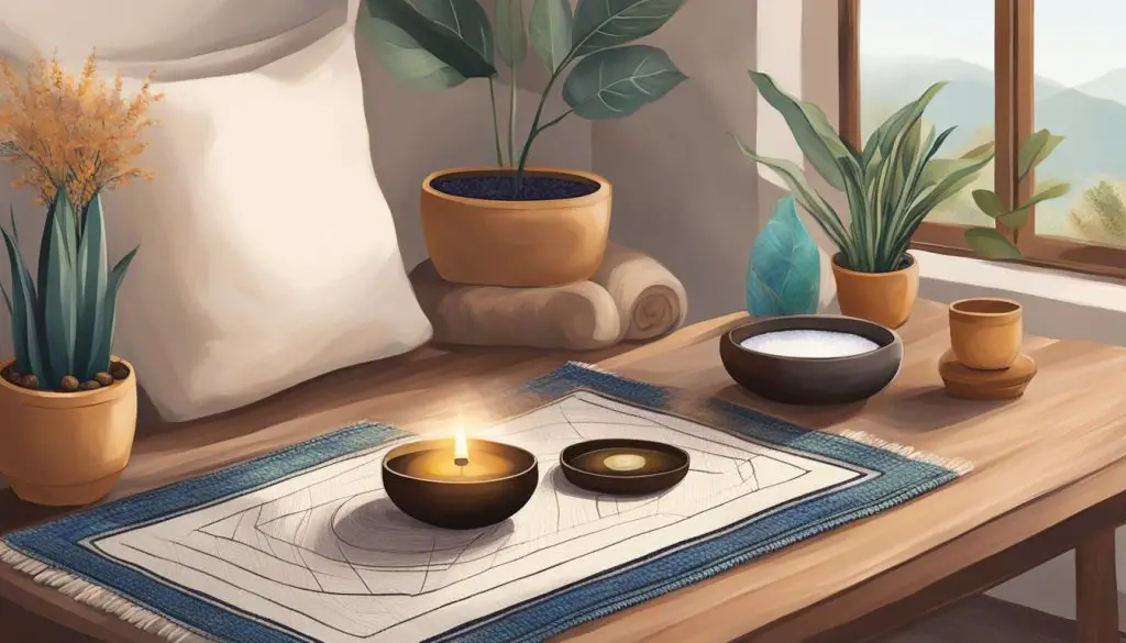 A serene space with a cushioned meditation mat, incense, calming essential oils, and a singing bowl. A journal and a set of mala beads are also present