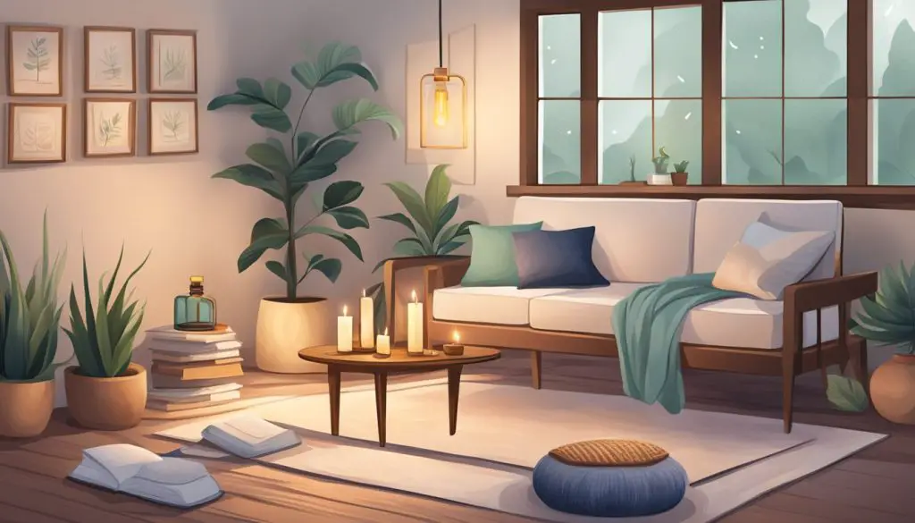A serene setting with a cozy meditation cushion, aromatic candles, a calming essential oil diffuser, a soothing sound machine, and a mindfulness journal